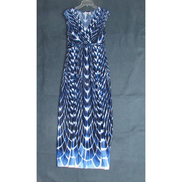 Chicos Dress Womens Sz 0 Blue White Geometric Maxi Resort Vacation Beachy Flowy - Picture 1 of 8